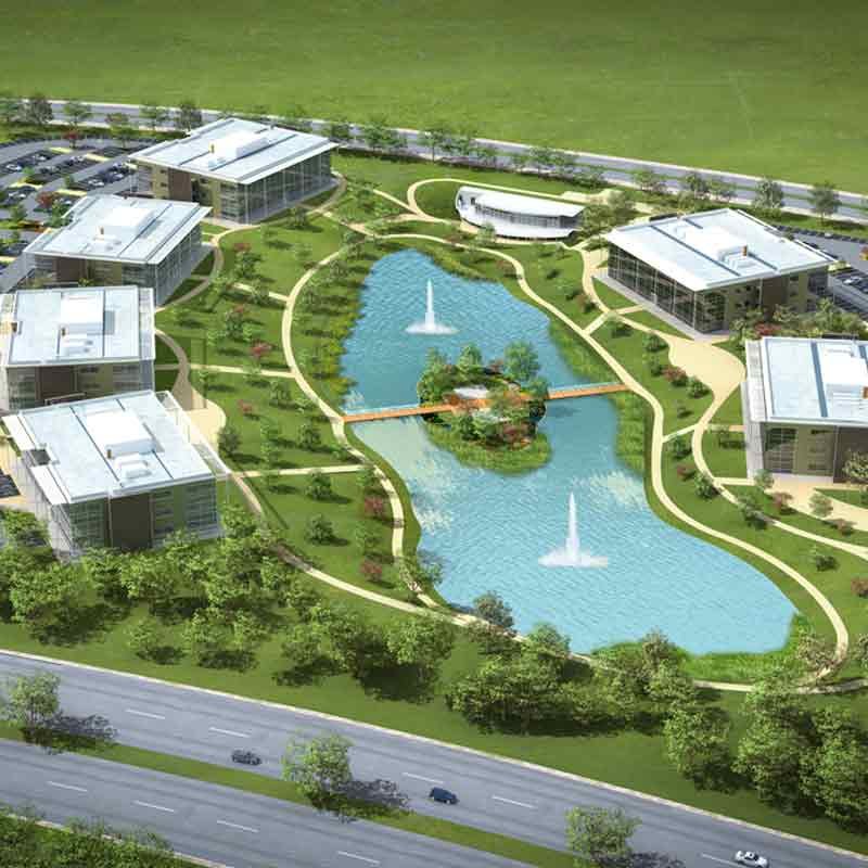 Aerial 3D view of an IT park in Derbyshire Dales, England