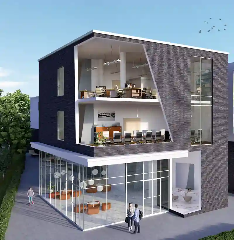 3D sectional render view of an office building