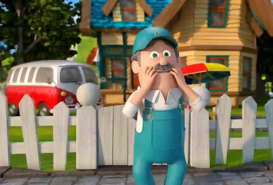 Still frame showing a 3D animated character performing an action in a cartoon showreel.