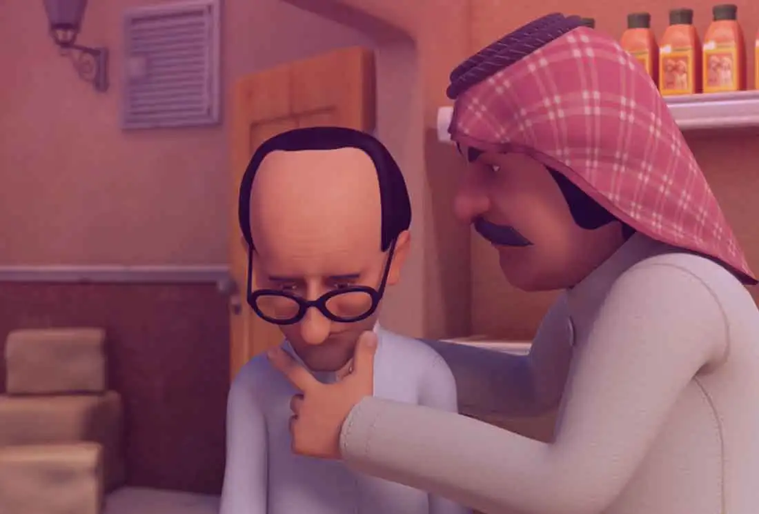 3D cartoon scene featuring two characters from an Arabic comedy animation.