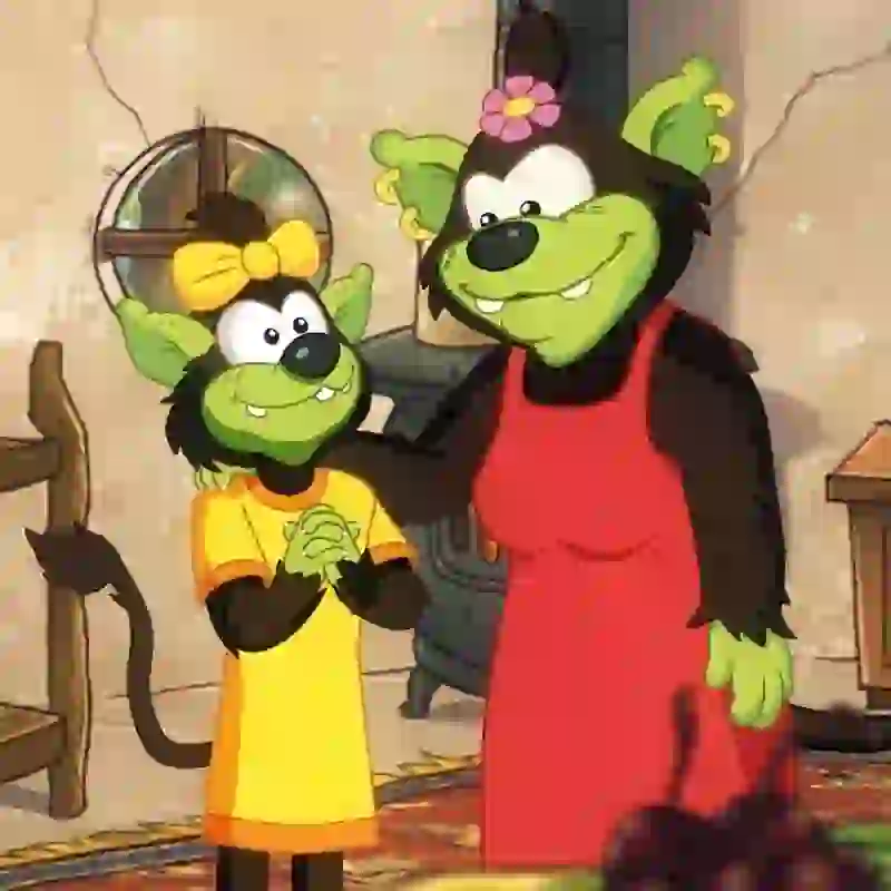 2D cartoon animation scene showing two characters talking.