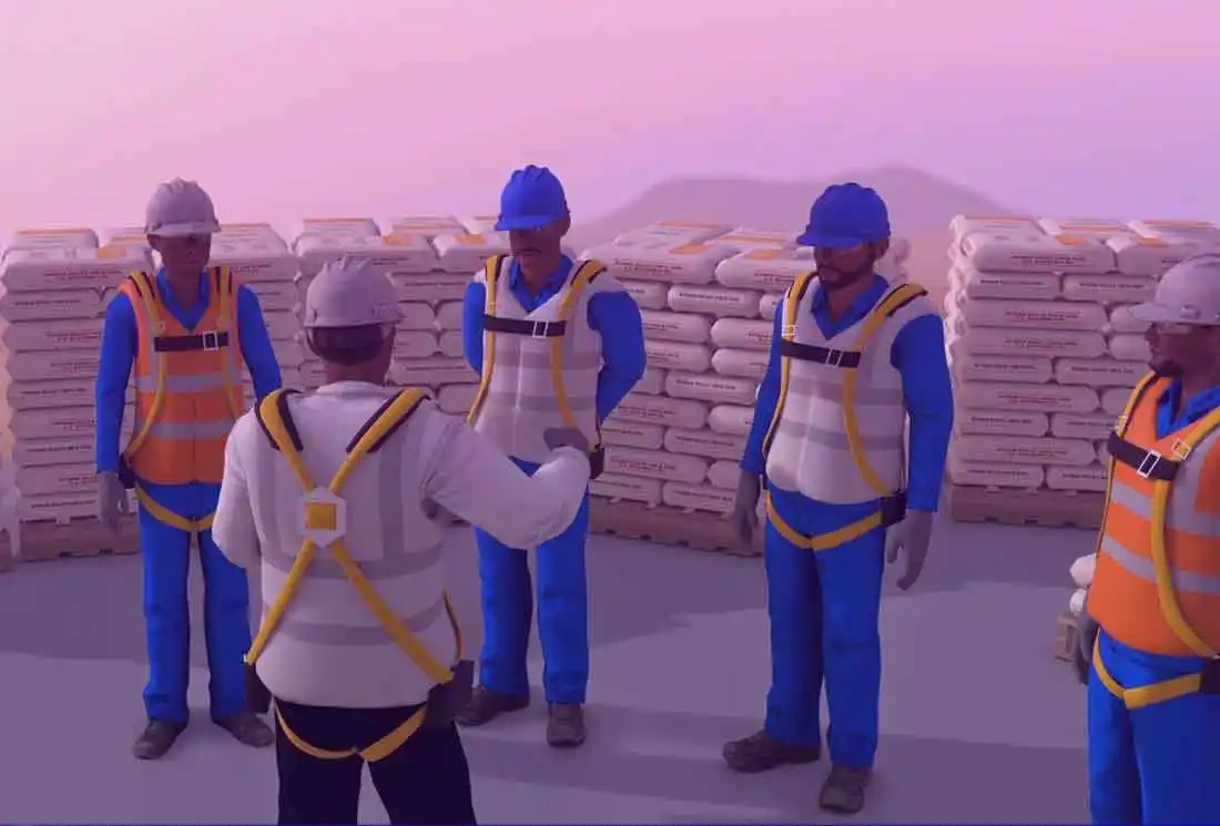 Workplace safety animation scene showing a supervisor briefing workers