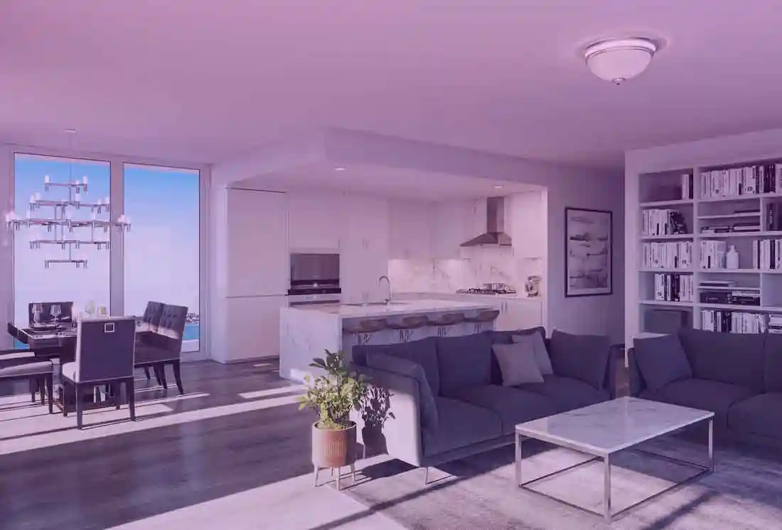 Interior 3D view of an apartment living room and kitchen