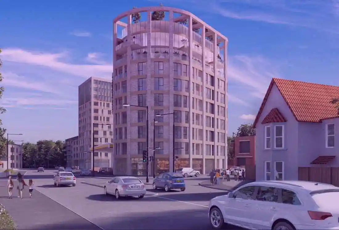 street-level view of an apartment building from an architectural 3D walkthrough animation