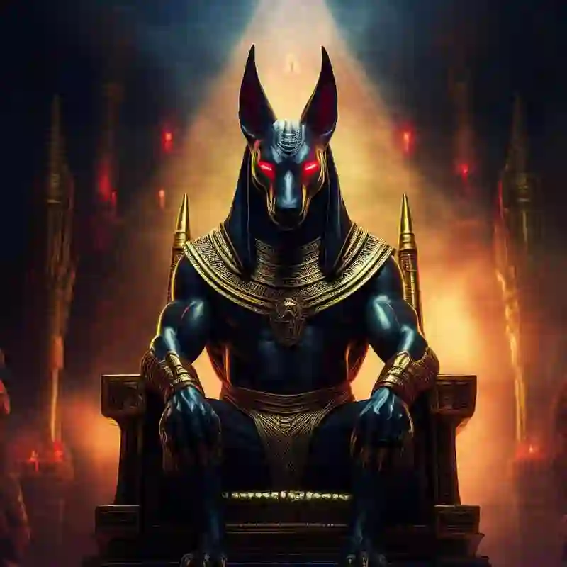 Motion graphics animation frame showing Anubis, the Egyptian god of death.