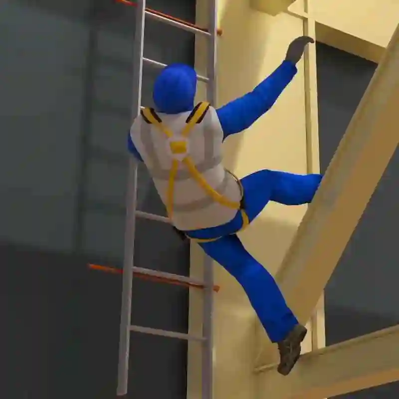 Scene from a workplace safety animation showing a worker falling from height.