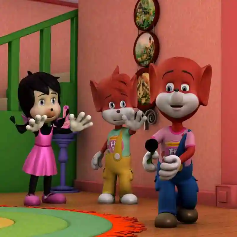 3D animated scene from a TV series featuring three characters in conversation.