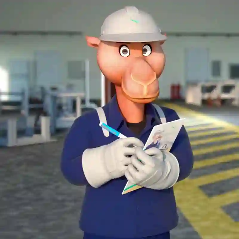3D animated character demonstrating procedures in a safety induction video.