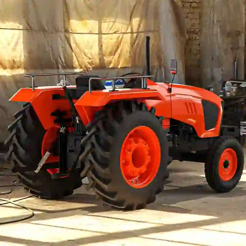 Scene from a tractor virtual showroom showing multiple tractors on display